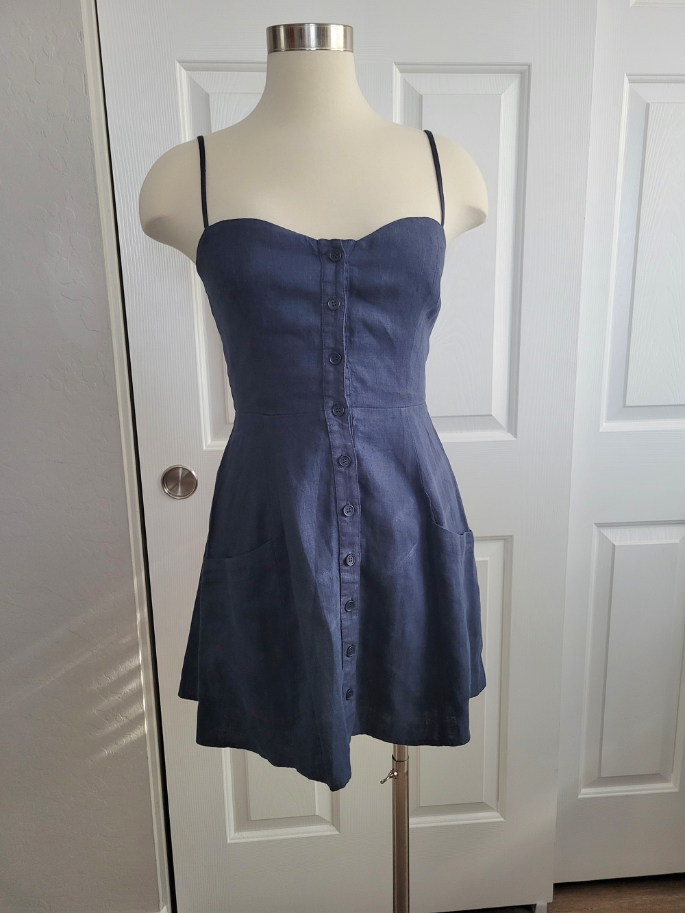Reformation Navy Blue Button-Front Spaghetti Strap Dress